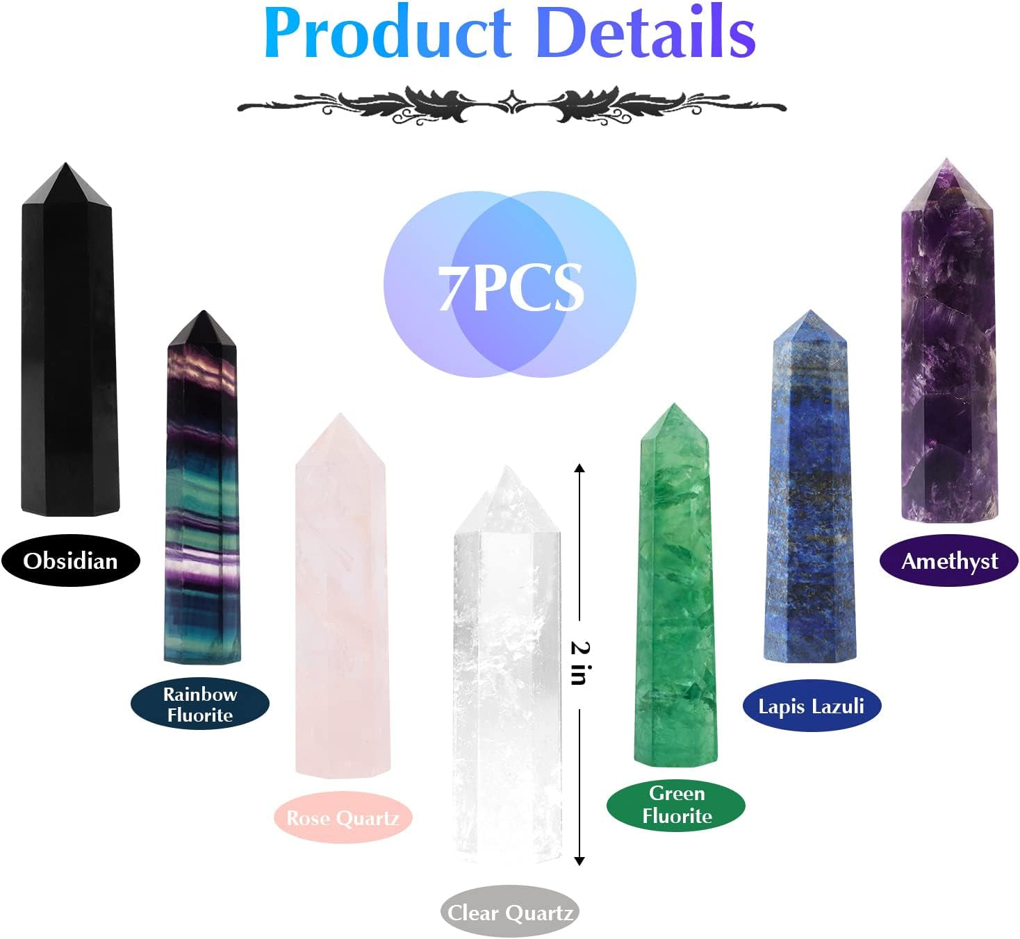 7 PCS Healing Crystal Wands | 2" Amethyst, Rose Quartz,Clear Quartz,Black Obsidian,Green Fluorite, Lapis Lazuli,Rainbow Fluorite| 6 Faceted Reiki Chakra Meditation Therapy